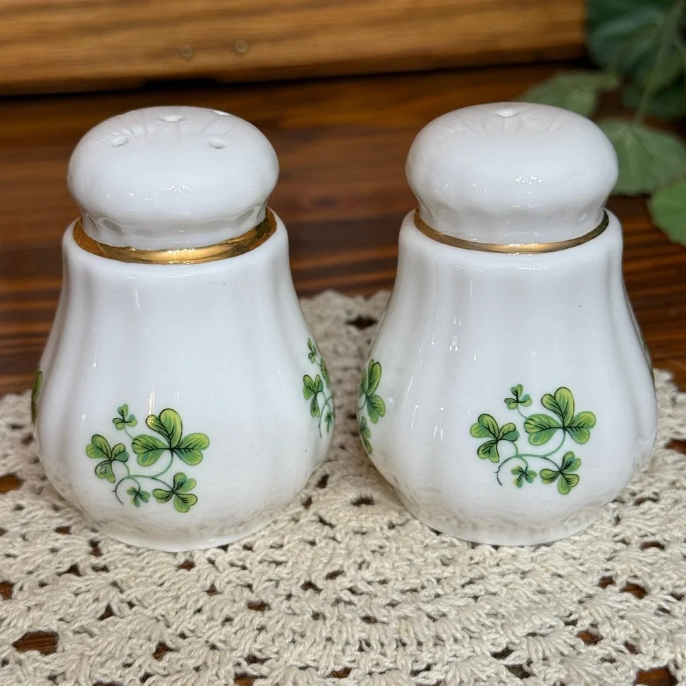 Erin China Salt and Pepper Shakers White Excellent Shamrock Gold Trim